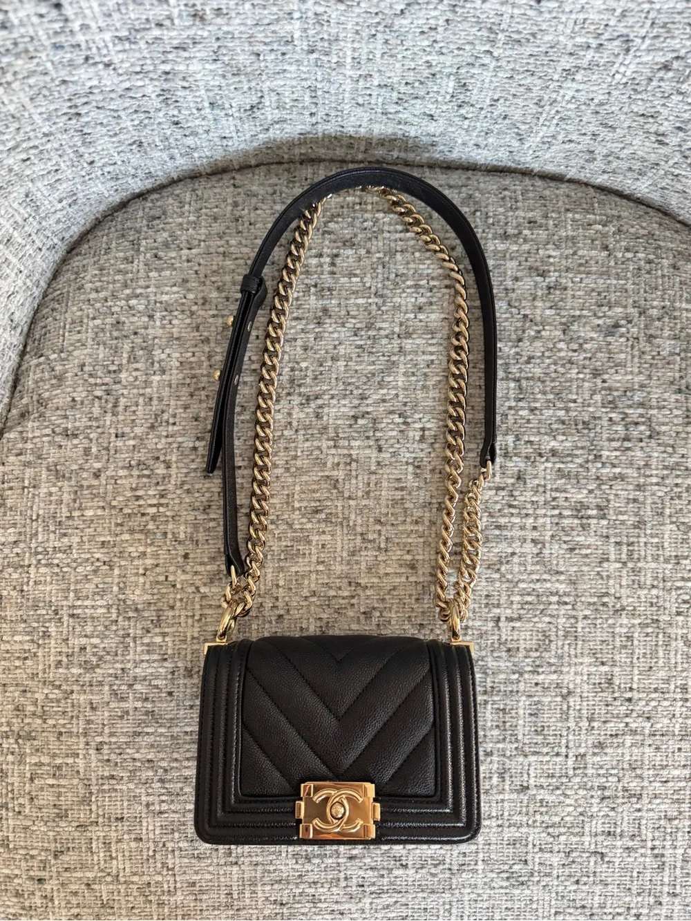 Chanel Black Mini Boy Bag Chevron Quilted Caviar Leather - Light Gold Chain